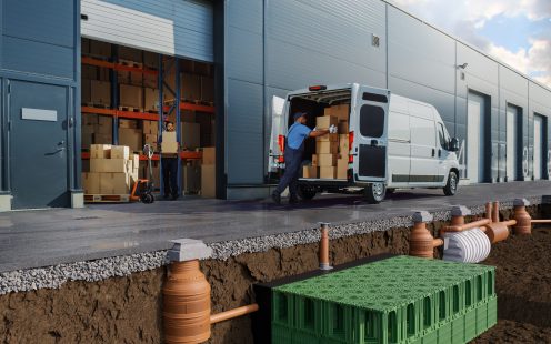 A shopping mall parking lot on a rainy day with a drainage system visible underneath the asphalt | Pipelife